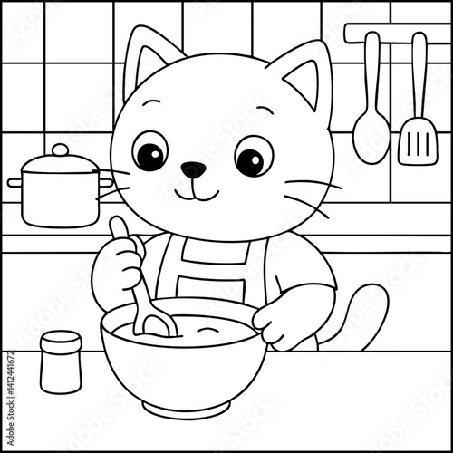 Dessin kawaii au trait de chat pour livre de coloriage pour adulte ou enfant. Trait noir totalement isolé du fond. Idéal pour conception a ajuster dans votre livre ou cahier. Encadré transparent. 