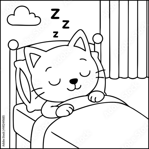 Dessin kawaii au trait de chat pour livre de coloriage pour adulte ou enfant. Trait noir totalement isolé du fond. Idéal pour conception a ajuster dans votre livre ou cahier. Encadré transparent. 
