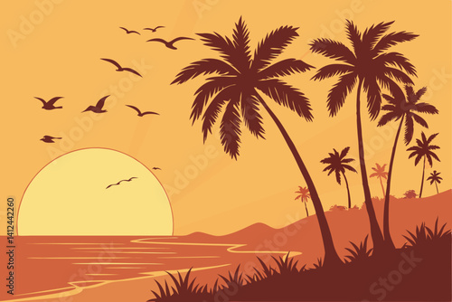 2 Tropical sunset, palm trees silhouette, vibrant orange sky, large golden sun, birds flying in formation, calm ocean reflection, dramatic sunbeams, warm color palette, digital art, high contrast, det
