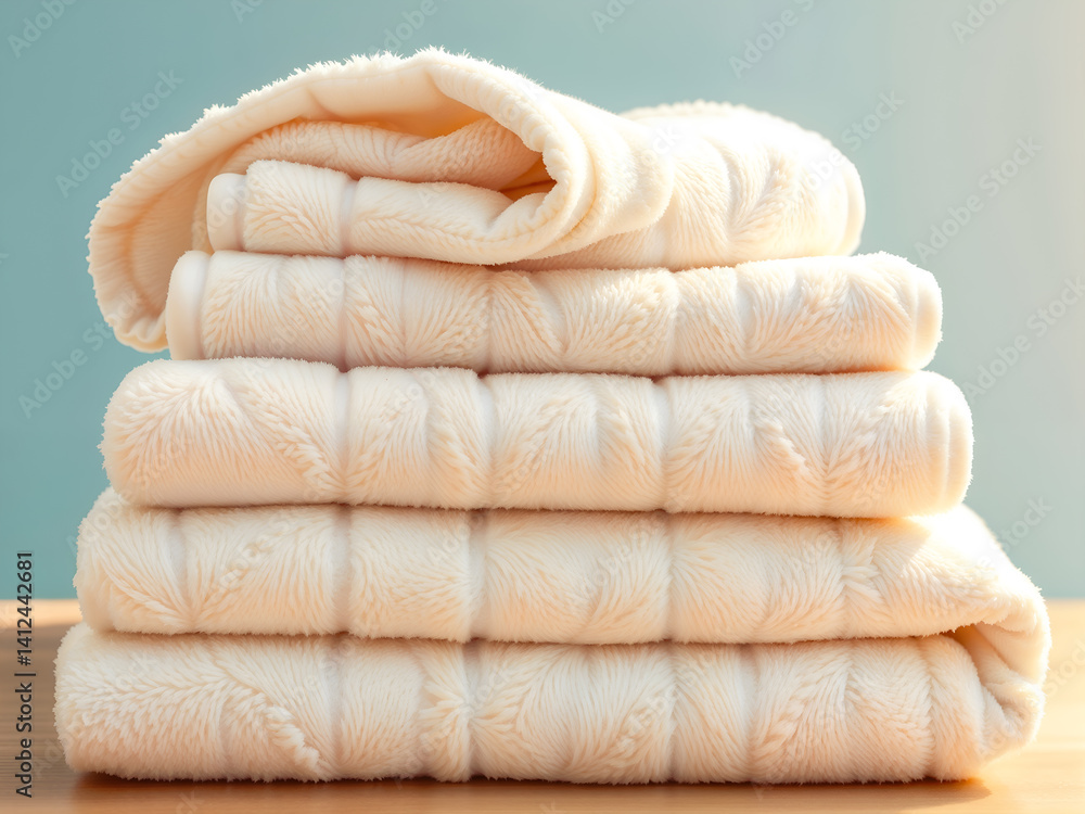 Stack of clean white towels on a light background, symbolizing hygiene, spa, or laundry. Generative AI