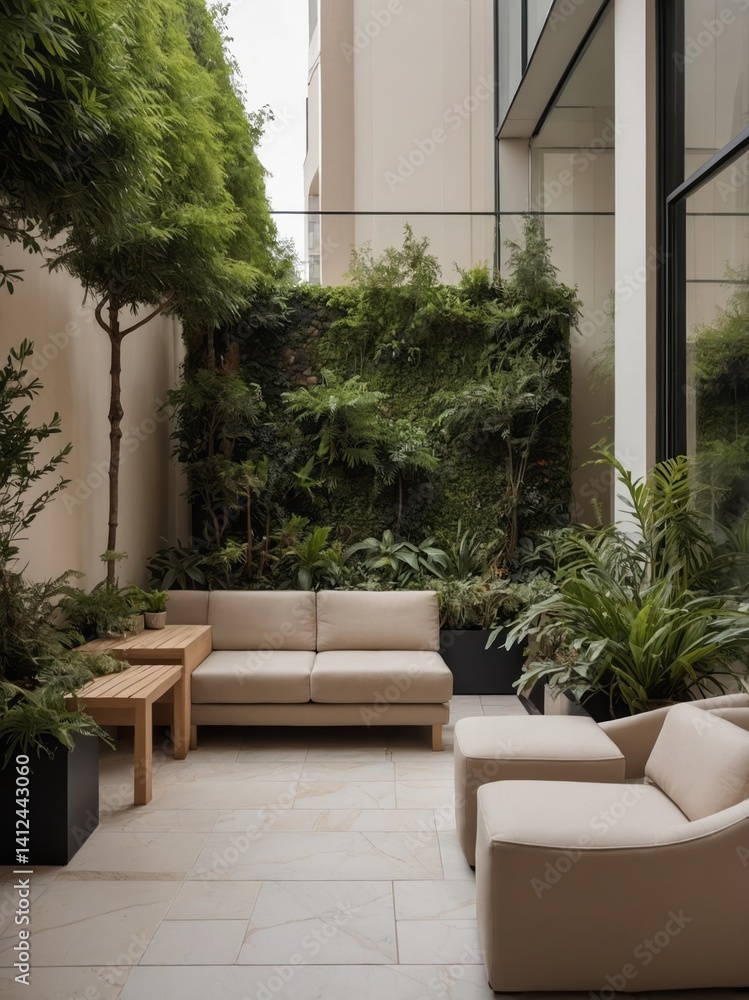 A modern outdoor lounge area with natural green plants and furniture A modern outdoor lounge area with natural green plants and furniture