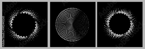 Set of three abstract vector circles with dot halftone effects on black backgrounds. Each design features white dots forming circular shapes, creating a modern, digital, and dynamic visual impression.