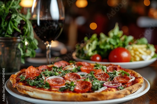 Delicious pizza with salad and wine