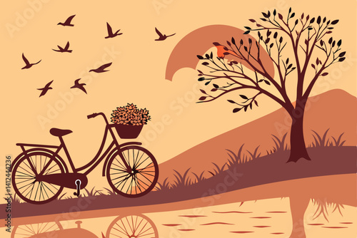 3 Silhouette of bicycle at sunset, warm orange sky, flock of birds flying, basket of flowers on bike, serene landscape, dramatic sun, golden hour, peaceful scene, minimalist composition, nostalgic moo