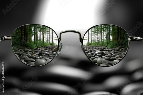 A pair of women's glasses focuses on a kaleidoscopic view of a river and forest, while the surrounding background remains monochrome, conveying the idea of enhanced vision and diverse worldview
