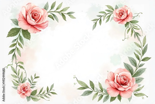 Hand-Drawn Floral Frame with Roses, Peonies, and Greenery in Soft Watercolor Style on Transparent Background