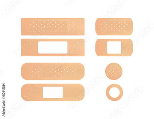 Vector set illustrations of band aids. Vector set aid bandages different forms. Set of Medical plasters. Adhesive bandage for first aid for wounds, operations and skin injuries.
