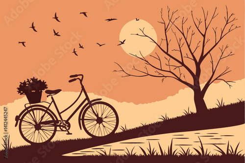 3 Silhouette of bicycle at sunset, warm orange sky, flock of birds flying, basket of flowers on bike, serene landscape, dramatic sun, golden hour, peaceful scene, minimalist composition, nostalgic moo