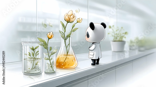 A cute panda in a lab coat observes flowers growing in beakers and vases on a lab counter