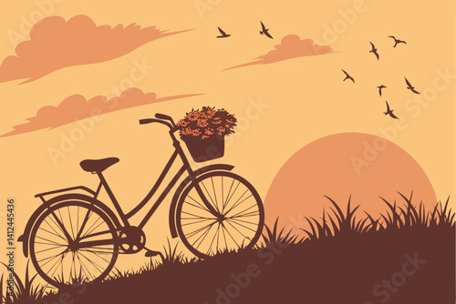 3 Silhouette of bicycle at sunset, warm orange sky, flock of birds flying, basket of flowers on bike, serene landscape, dramatic sun, golden hour, peaceful scene, minimalist composition, nostalgic moo