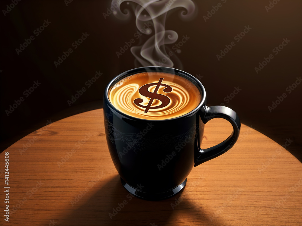 Hot coffee in black mug with dollar latte art, symbolizing finance and productivity. Generative AI