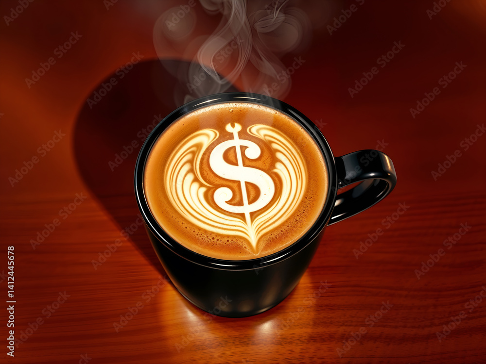 Hot coffee in black mug with dollar latte art, symbolizing finance and productivity. Generative AI