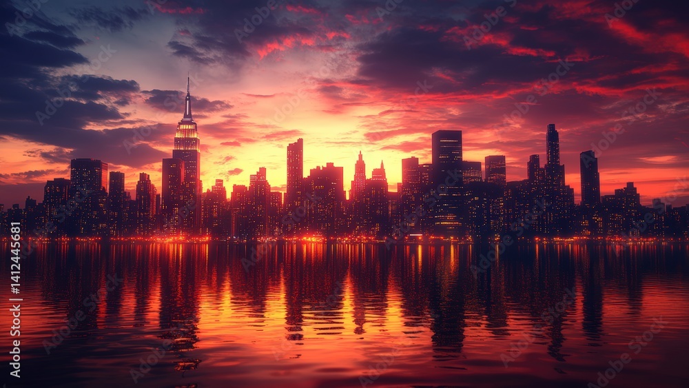Fototapeta premium Dreamlike Cityscape with Dramatic Sunset Sky