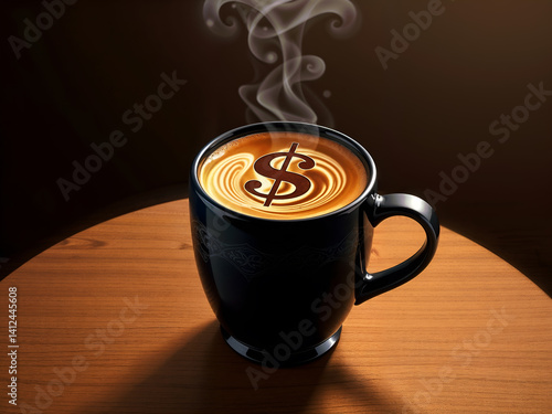 Obraz na płótnie Hot coffee in black mug with dollar latte art, symbolizing finance and productivity. Generative AI w salonie