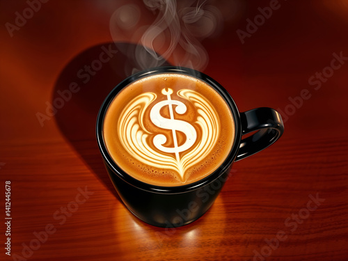 Obraz na płótnie Hot coffee in black mug with dollar latte art, symbolizing finance and productivity. Generative AI w salonie