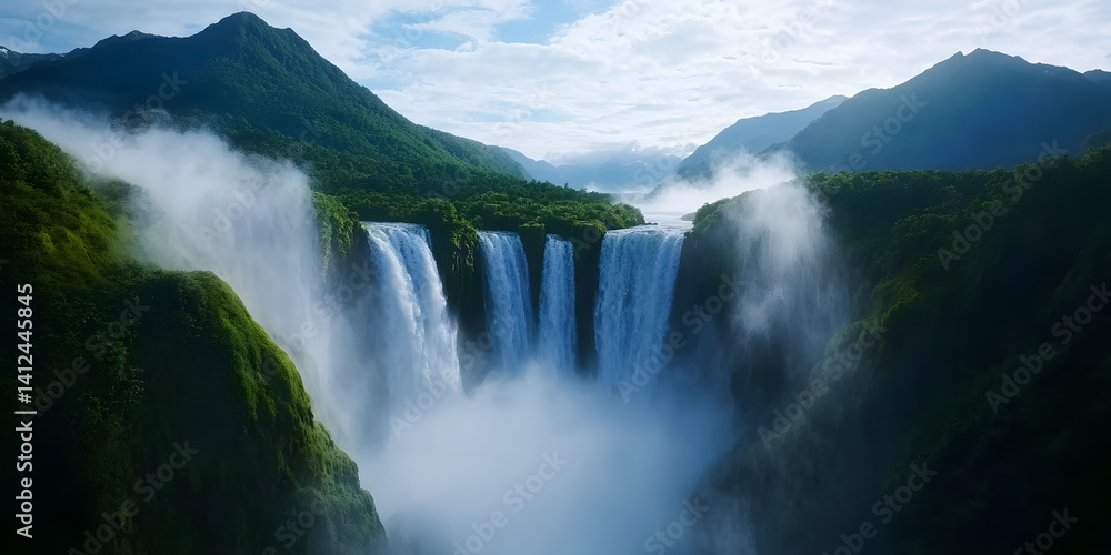 Fototapeta premium A gigantic waterfall cascading into a misty river below, with distant mountains in the background.