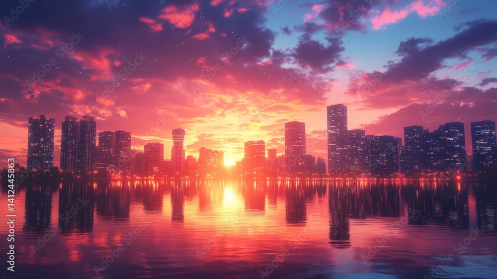 Obraz premium Silhouetted Skyscrapers Against Colorful Sunset