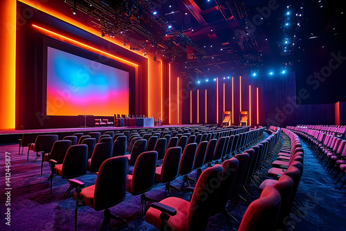 Wallpaper Mural Modern conference hall with vibrant lighting, empty seating, and a large screen for presentations Torontodigital.ca