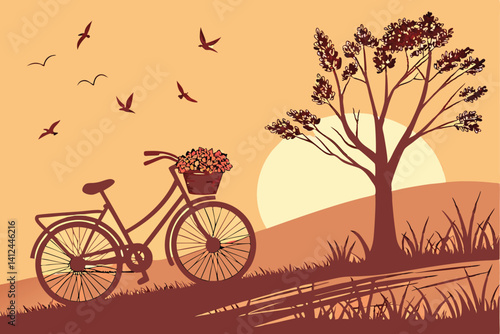 3 Silhouette of bicycle at sunset, warm orange sky, flock of birds flying, basket of flowers on bike, serene landscape, dramatic sun, golden hour, peaceful scene, minimalist composition, nostalgic moo