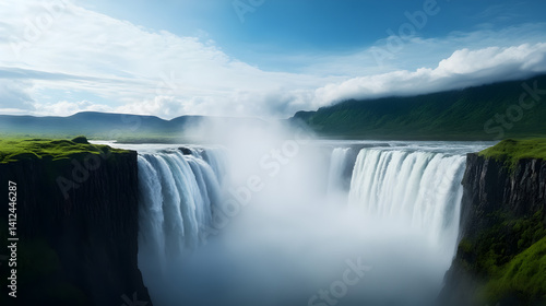 A gigantic waterfall cascading into a misty river below, with distant mountains in the background.


