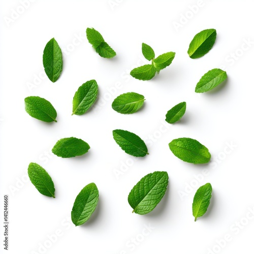 Scattered fresh mint leaves pattern on white background