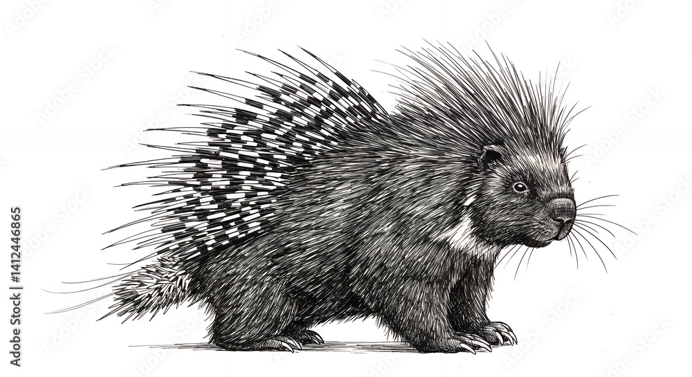 Naklejka premium Detailed porcupine illustration in black and white style