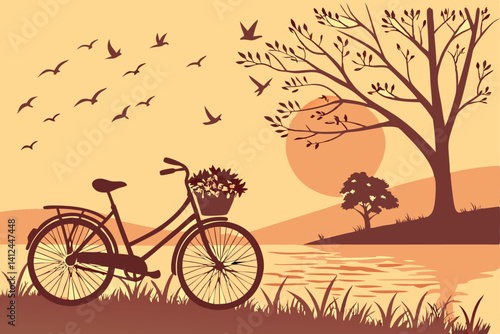 3 Silhouette of bicycle at sunset, warm orange sky, flock of birds flying, basket of flowers on bike, serene landscape, dramatic sun, golden hour, peaceful scene, minimalist composition, nostalgic moo