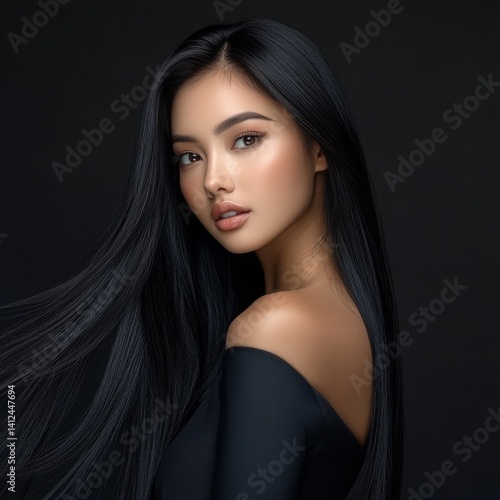 A young brunette model with long, straight dark hair and a beautiful face poses in a black dress with a plunging neckline against a gray background, showcasing her perfect skin, natural makeup, big