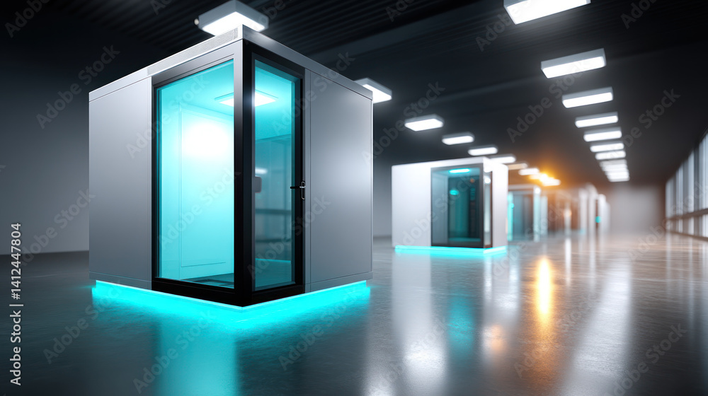 Fototapeta premium A Minimalistic server room with glowing AI core housed inside transparent glass emitting soft blue light