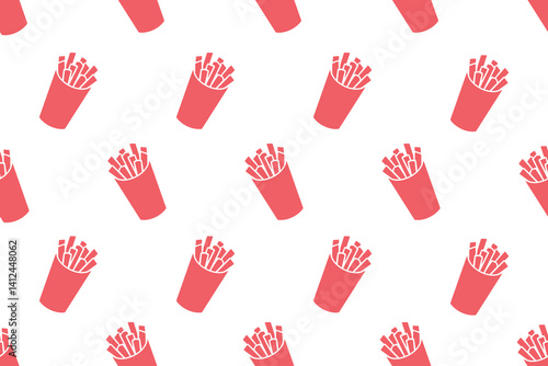 Solid Red French Fries Seamless Pattern on White Background