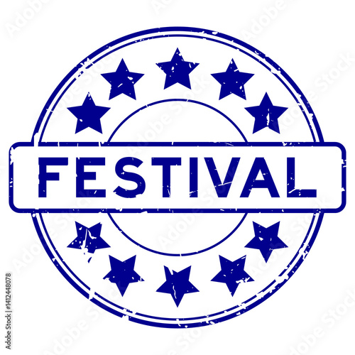 Grunge blue festival word with star icon round rubber seal stamp on white background