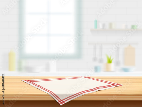 Wooden kitchen table with napkin against a defocused kitchen room background. Vector illustration
