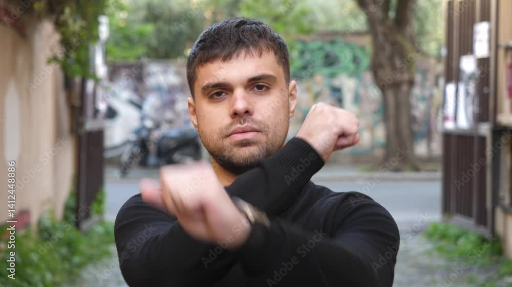 The young man makes a symbolic gesture by crossing his hands in front of his face, signaling strong disapproval or a dramatic “no” toward something The young man makes a symbolic gesture by crossing his hands in front of his face, signaling strong disapproval or a dramatic “no” toward something