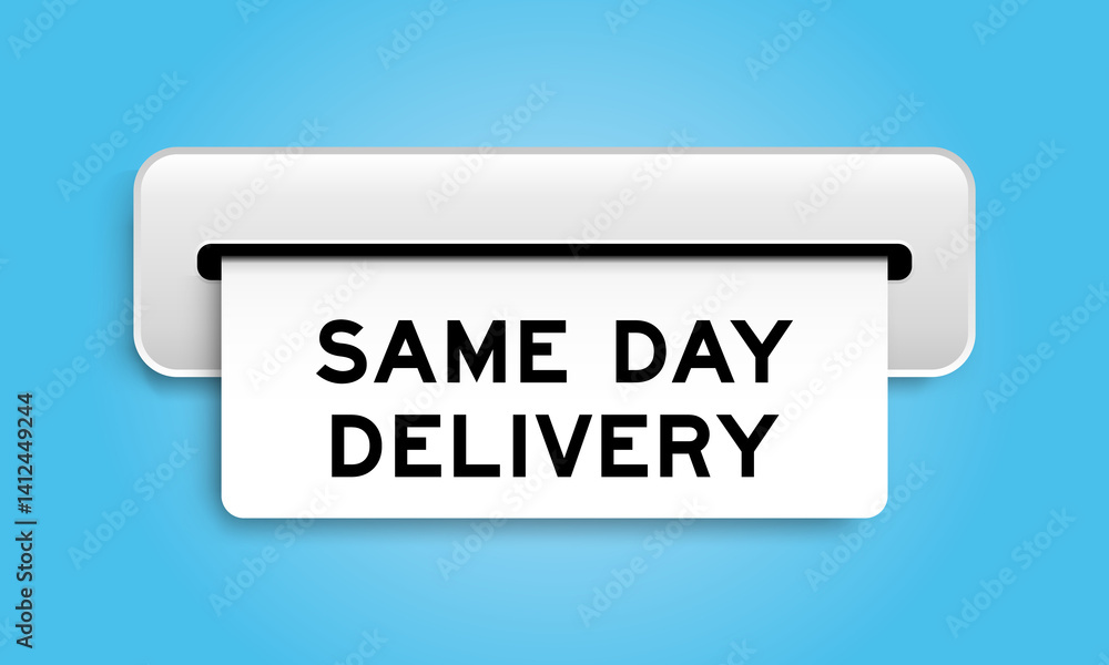 White coupon banner with word same day delivery from machine on blue color background White coupon banner with word same day delivery from machine on blue color background