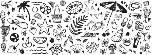 Tropical sea beach vacation sea set. Summer vacation doodle style illustration. Hand drawn crayon doodle illustrations of palm trees, swimsuit, coconut, elements for t-shirt print, invitations. Ocean