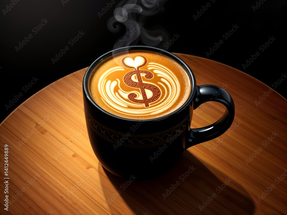 Hot coffee in black mug with dollar latte art, symbolizing finance and productivity. Generative AI
