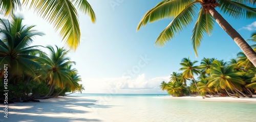Fototapeta Naklejka Na Ścianę i Meble -  Lush coconut palms arch over pristine white sand beach, paradise, exotic
