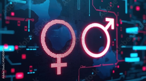 gender equality concept, Digital representation of gender symbols and technology interface.