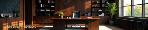 Luxurious executive office with dark wood desk and leather chair in a modern workspace, workplace, business