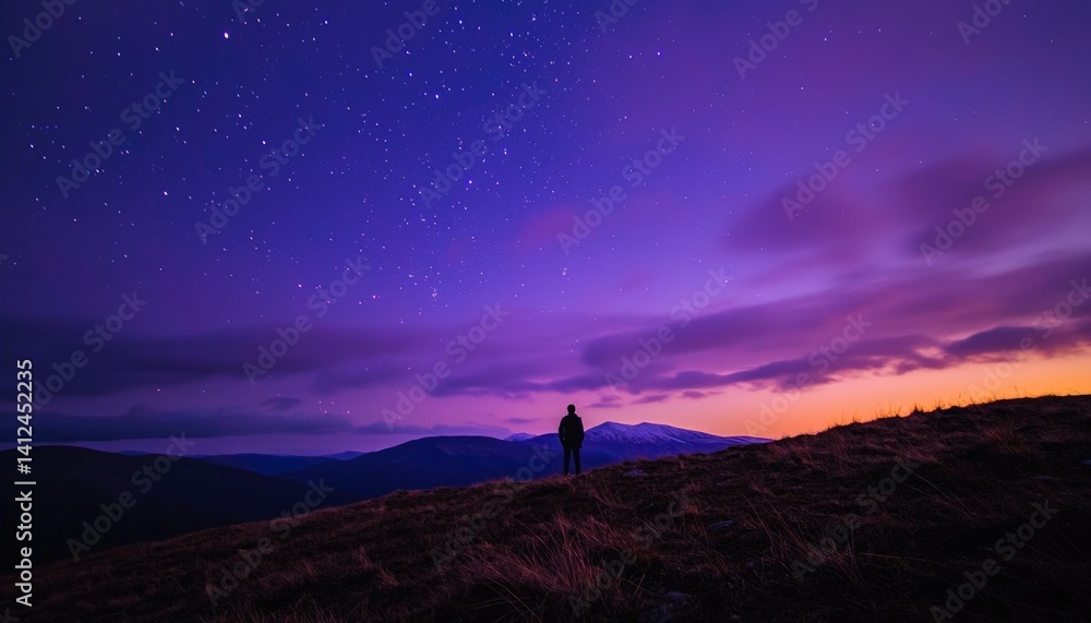 Fototapeta premium Silhouette figure gazing at starry night sky over mountain ridge