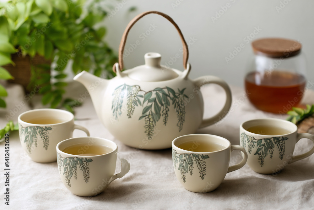ceramic teapot with wisteria design, surrounded by matching cups. ceramic teapot with wisteria design, surrounded by matching cups.