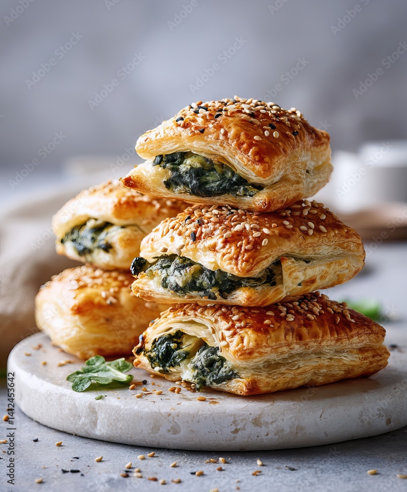 small puff pastry pockets filled with spinach and cheese, stacked on a marble plate, sesame seeds on top small puff pastry pockets filled with spinach and cheese, stacked on a marble plate, sesame seeds on top