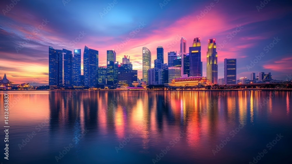 Fototapeta premium Neon Lights Reflecting on City Waterfront