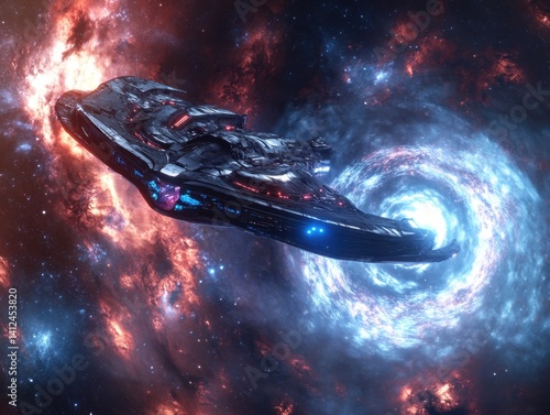 Celestial Voyager: A sleek interstellar vessel cuts through a vibrant nebula, symbolizing exploration, discovery, and the boundless expanse of the cosmos.