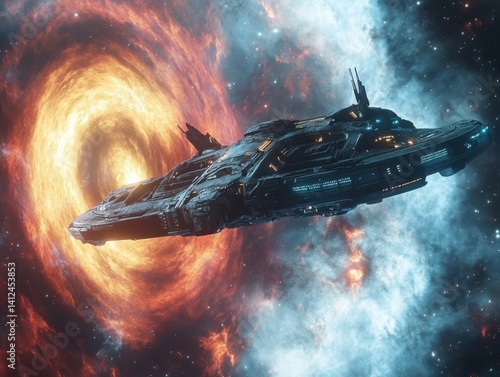 Starship's Cosmic Odyssey: A futuristic starship fearlessly journeys through a vibrant, swirling cosmic vortex, navigating the unknown depths of space.