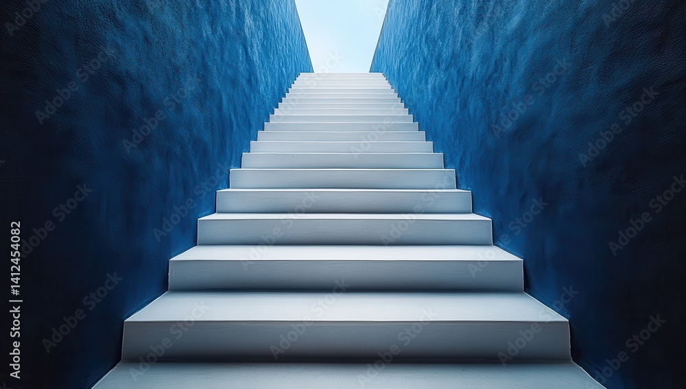 A staircase with white steps leading up to a blue wall A staircase with white steps leading up to a blue wall