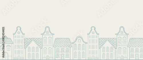 Europe Dutch style building and houses facade hand drawn illustration. Cityscape street view. For decoration, concept proposal, design, postcard, banner, social media