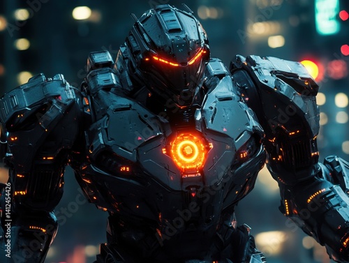 Cybernetic Sentinel in the City: A colossal, advanced cybernetic being stands guard, illuminated by strategic internal lights. It presents a futuristic warrior amidst the urban landscape.