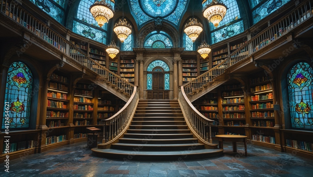 Fototapeta premium A surreal library with floating books and staircases to nowhere, stained-glass windows, Baroque lighting