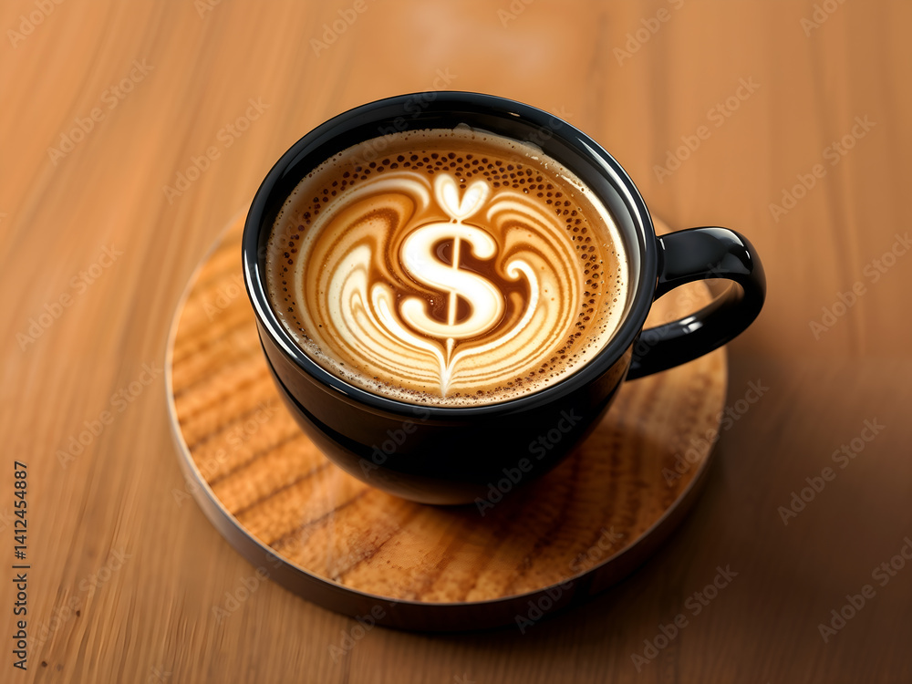 Hot coffee in black mug with dollar latte art, symbolizing finance and productivity. Generative AI